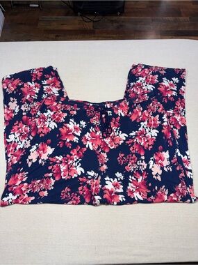 Midnight - Floral Navy Wide-Leg Lounge Pants - Pink & White Blossom Print - XL